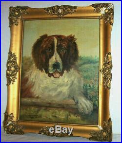 St. Bernard Dog Original Antique Signed Oil Painting on Canvas, 19th Century