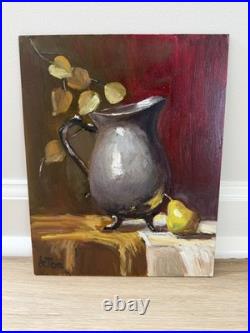 Stilllife Original Painting-Silver Pitcher and Pear by Artist Karen Chan