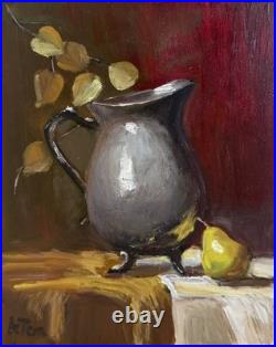 Stilllife Original Painting-Silver Pitcher and Pear by Artist Karen Chan