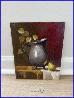 Stilllife Original Painting-Silver Pitcher and Pear by Artist Karen Chan