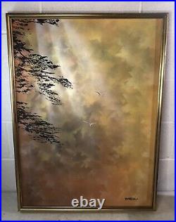 Stunning Oil On Canvas Painting By Demonia Seagulls Sun Rays Clouds Sky Trees