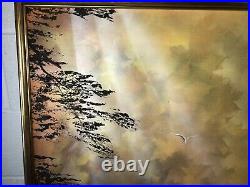 Stunning Oil On Canvas Painting By Demonia Seagulls Sun Rays Clouds Sky Trees