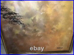 Stunning Oil On Canvas Painting By Demonia Seagulls Sun Rays Clouds Sky Trees