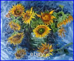 Sunflowers with Blue ORIGINAL Oil on Canvas Painting Impressionist Flowers 24