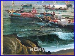 Sunset Amalfi Coast Fishing & Row Boats Signed Original Oil Painting On Canvas