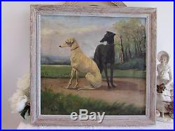Superb antique French framed original oil on canvas painting, two greyhound dogs