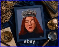 Surreal Crowned Woman Portrait Painting Framed Hand Painted 11x14 Art