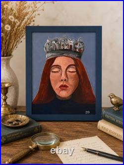 Surreal Crowned Woman Portrait Painting Framed Hand Painted 11x14 Art