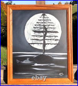 Tall Masted Ship, In Huge Moon in Background. Mysterious Original Oil Painting