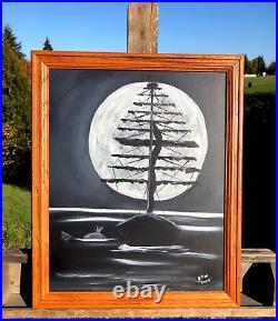 Tall Masted Ship, In Huge Moon in Background. Mysterious Original Oil Painting