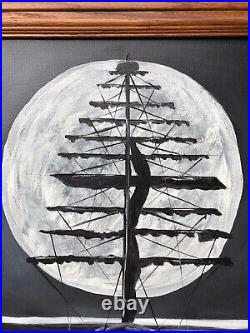 Tall Masted Ship, In Huge Moon in Background. Mysterious Original Oil Painting