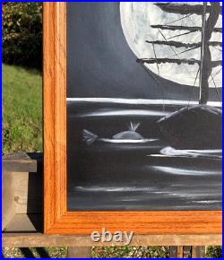 Tall Masted Ship, In Huge Moon in Background. Mysterious Original Oil Painting