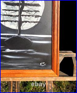 Tall Masted Ship, In Huge Moon in Background. Mysterious Original Oil Painting