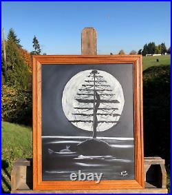 Tall Masted Ship, In Huge Moon in Background. Mysterious Original Oil Painting