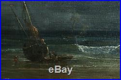 Theodore Gudin (1802-1880) Signed French Marine Oil Canvas Boats Figures Sunset