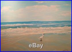 Thom Original Oil Painting On Canvas 24x18 Egret Hunting Calm Surf Florida Beach