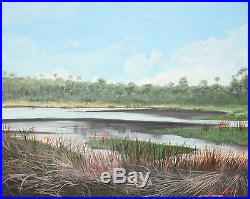 Thom Original Oil Painting Ormond Beach Florida Coastal Marsh 20x16 On Canvas