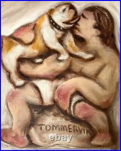 Tommervik Man With Bulldog Painting 8 x 10 Oil on Canvas, Original Dog Art