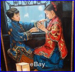Two Chinese Girls Large Original Acrylic On Canvas Painting Signed