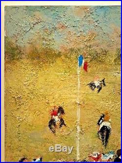 URBAIN HUCHET Listed FRENCH Artist Sd ORIGINAL Oil on Canvas HORSE RACE Scene