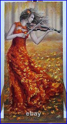 Ukrainian Artist Original Oil Painting on Canvas Woman Violinist Autumn Portrait