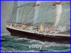 VINTAGE 1890's Museum Framed Oil Painting Ship at Sea-FREDERICK FALKNER