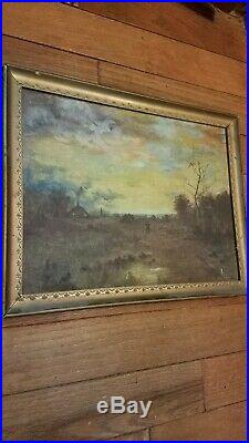 VINTAGE antique original oil painting on canvas framed landscape field scene