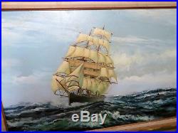 VINTAGE original OIL painting on canvas SEASCAPE sail SHIP signed FRAMED 44x32