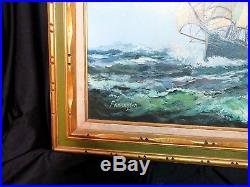 VINTAGE original OIL painting on canvas SEASCAPE sail SHIP signed FRAMED 44x32