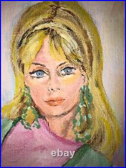 VINTAGE young woman portrait original painting hand painted 60s groovy pink mod