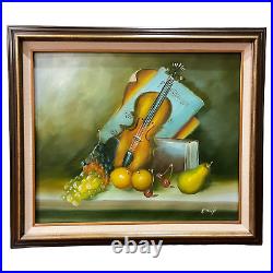 VTG Artist Signed Original Still Life Oil on Canvas Painting Fruit Violin Music