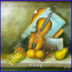 VTG Artist Signed Original Still Life Oil on Canvas Painting Fruit Violin Music