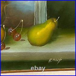 VTG Artist Signed Original Still Life Oil on Canvas Painting Fruit Violin Music