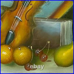 VTG Artist Signed Original Still Life Oil on Canvas Painting Fruit Violin Music