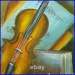 VTG Artist Signed Original Still Life Oil on Canvas Painting Fruit Violin Music