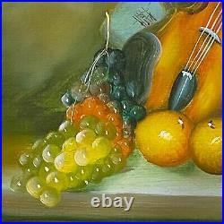 VTG Artist Signed Original Still Life Oil on Canvas Painting Fruit Violin Music