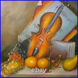 VTG Artist Signed Original Still Life Oil on Canvas Painting Fruit Violin Music