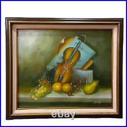 VTG Artist Signed Original Still Life Oil on Canvas Painting Fruit Violin Music