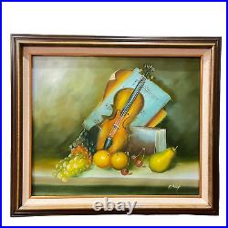 VTG Artist Signed Original Still Life Oil on Canvas Painting Fruit Violin Music