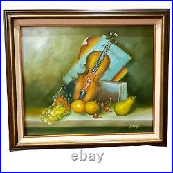 VTG Artist Signed Original Still Life Oil on Canvas Painting Fruit Violin Music