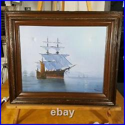 VTG Nautical Wooden Ship Galleon Naval Oil On Canvas Original Art 26 X 22 Signed