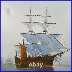 VTG Nautical Wooden Ship Galleon Naval Oil On Canvas Original Art 26 X 22 Signed