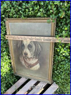 VTG Oil Painting Dog Portrait on Canvas Antique Gilt Frame 18x13 Unsigned