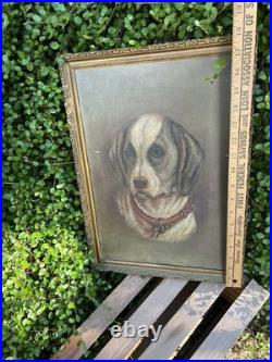 VTG Oil Painting Dog Portrait on Canvas Antique Gilt Frame 18x13 Unsigned