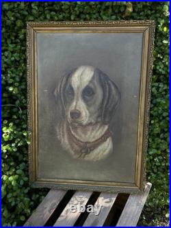 VTG Oil Painting Dog Portrait on Canvas Antique Gilt Frame 18x13 Unsigned