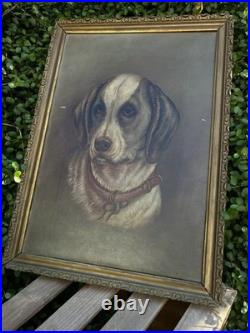 VTG Oil Painting Dog Portrait on Canvas Antique Gilt Frame 18x13 Unsigned