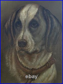 VTG Oil Painting Dog Portrait on Canvas Antique Gilt Frame 18x13 Unsigned