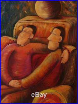 Very Large Unusual Original Oil Painting On Canvas Three Men In A Sitting Room