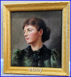 Victorian 1898 Portrait Painting Woman in Green oil on canvas. Signed. Framed