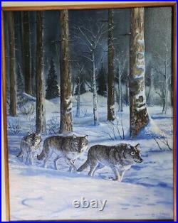 Vintage 1994 Cameron Blagg Oil Painting Wolf Wolves Winter Forest Northwest